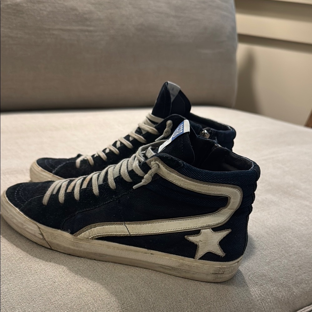 Navy and white golden goose high tops